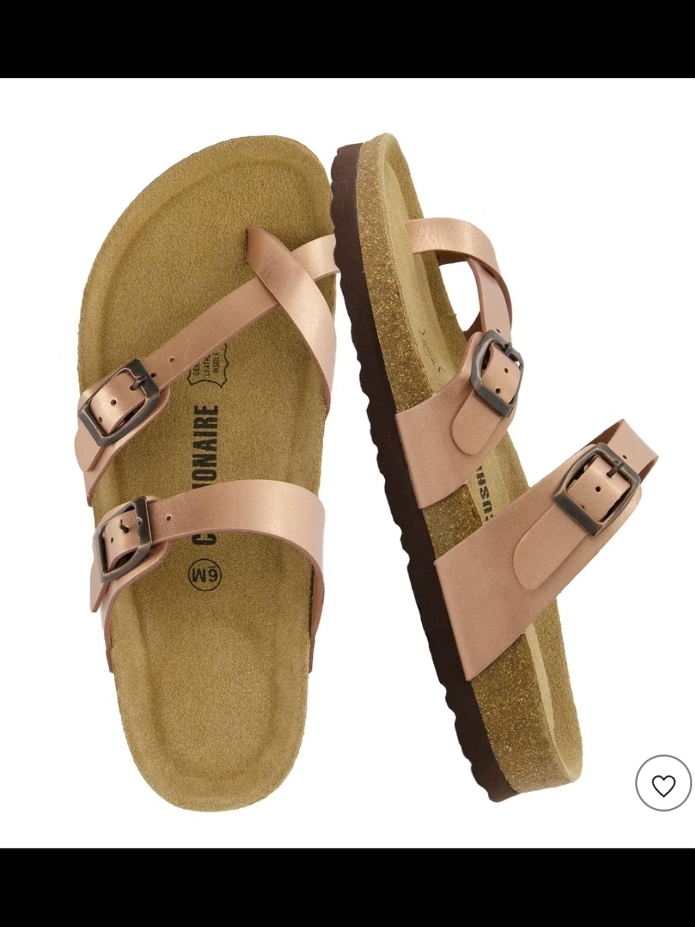 Cushionaraire Metallic Rose Gold Buckle Cork Sandals 8.5